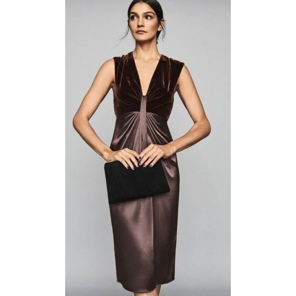 Reiss  8 Velvet Satin Midi Dress Brown Wrap Twist Front Cap Sleeve Shift Sheath